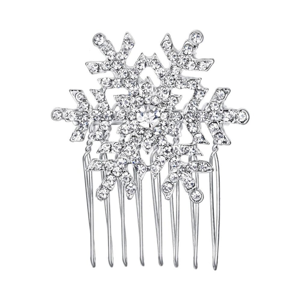 Winter Snowflake Hair Side Comb Clear Austrian Crystal Silver-Tone